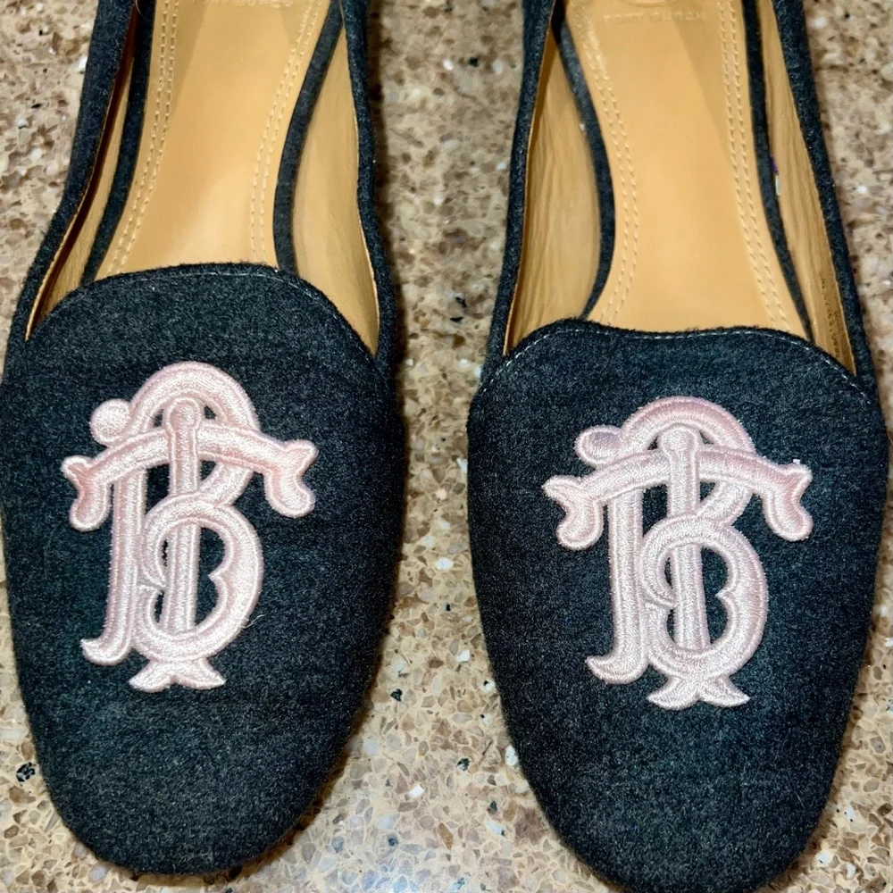 Tory Burch Black Felt Flats with Pink Logo